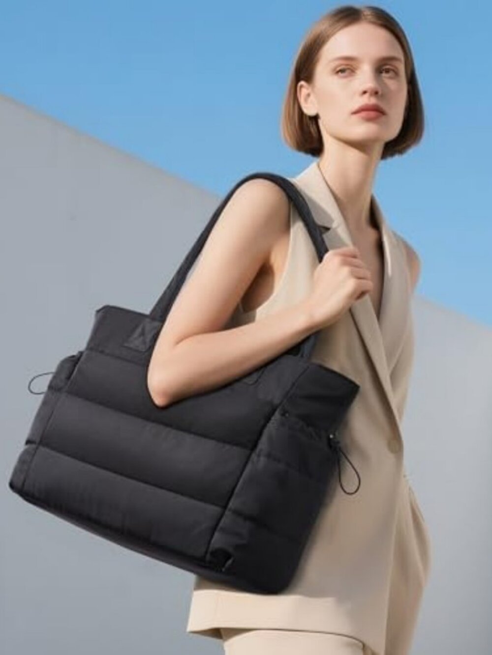 Stylish Tote Bag for Women with Tumbler Holder, Puffer Laptop Handbag for Work - Picture 2 of 6